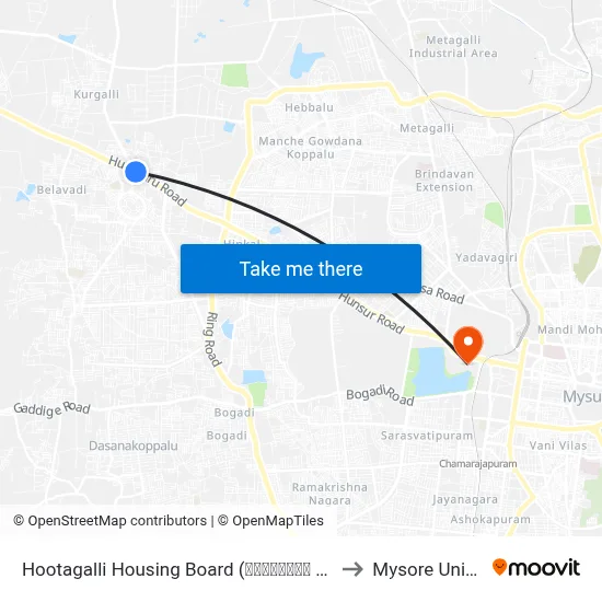 Hootagalli Housing Board (ಹೂಟಗಳ್ಳಿ ಹೌಸಿಂಗ್ ಬೋರ್ಡ್‌) to Mysore University map