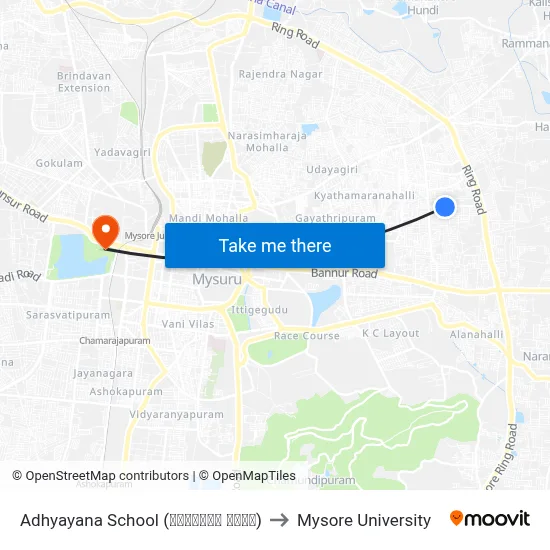 Adhyayana School (ಅಧ್ಯಾಯನ ಶಾಲೆ) to Mysore University map