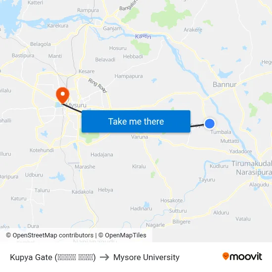 Kupya Gate (ಕುಪ್ಯ ಗೇಟ್) to Mysore University map