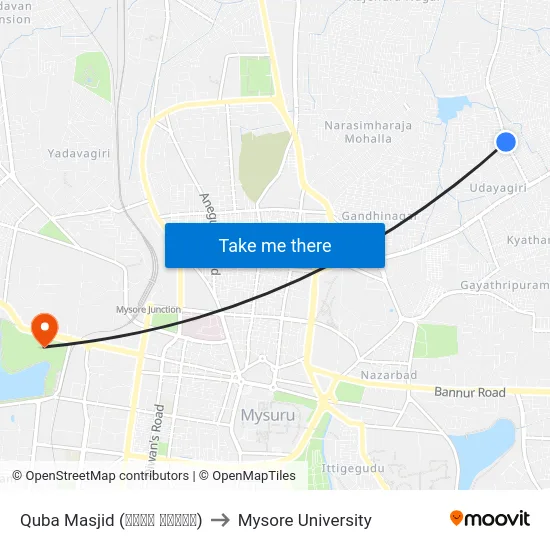 Quba Masjid (ಕೂಬಾ ಮಸೀದಿ) to Mysore University map