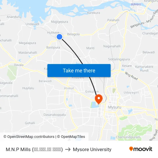 M.N.P Mills (ಎಂ.ಎನ್.ಪಿ ಮಿಲ್) to Mysore University map