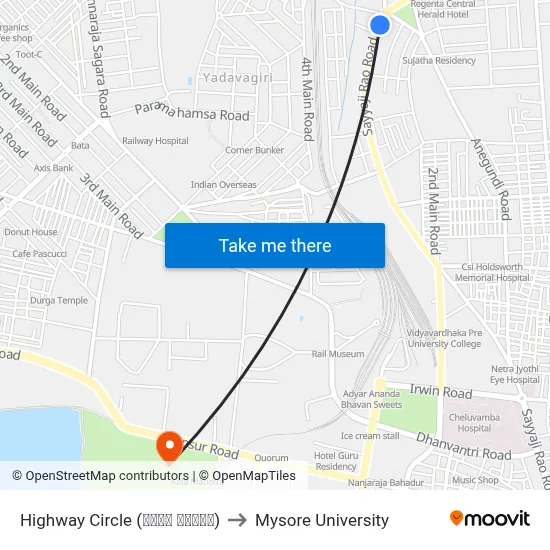 Highway Circle (ಹೈವೇ ವೃತ್ತ) to Mysore University map