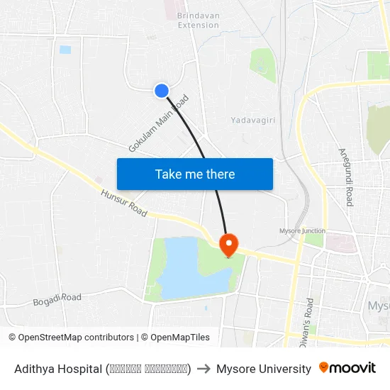 Adithya Hospital (ಆದಿತ್ಯ ಆಸ್ಪತ್ರೆ) to Mysore University map