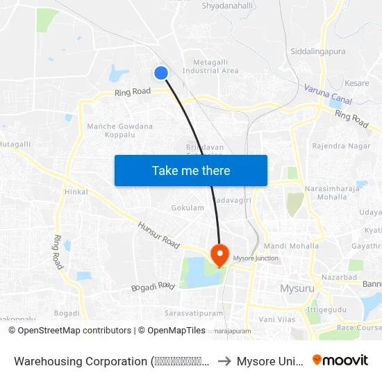 Warehousing Corporation (ವೇರ್‌ಹೌಸಿಂಗ್ ಕಾರ್ಪೊರೇಷನ್) to Mysore University map