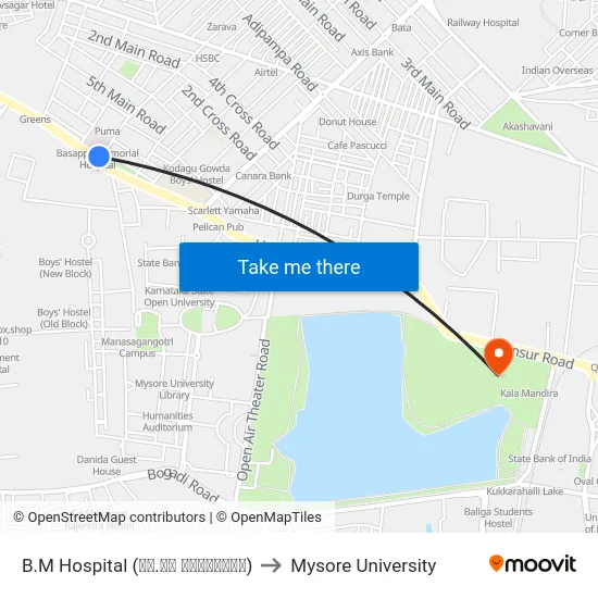 B.M Hospital (ಬಿ.ಎಂ ಆಸ್ಪತ್ರೆ) to Mysore University map