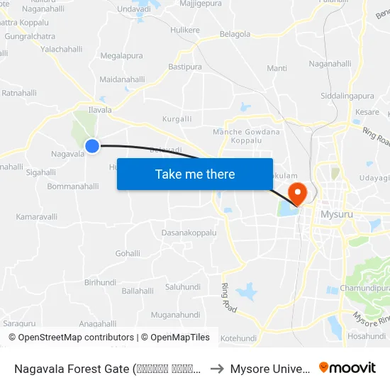 Nagavala Forest Gate (ನಾಗವಾಲ ಅರಣ್ಯ ದ್ವಾರ) to Mysore University map