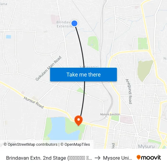 Brindavan Extn. 2nd Stage (ಬೃಂದಾವನ ಬಡಾವಣೆ 2ನೇ ಹಂತ) to Mysore University map