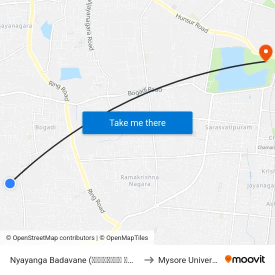 Nyayanga Badavane (ನ್ಯಾಯಾಂಗ ಬಡಾವಣೆ) to Mysore University map