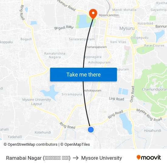 Ramabai Nagar (ರಮಾಬಾಯಿ ನಗರ) to Mysore University map