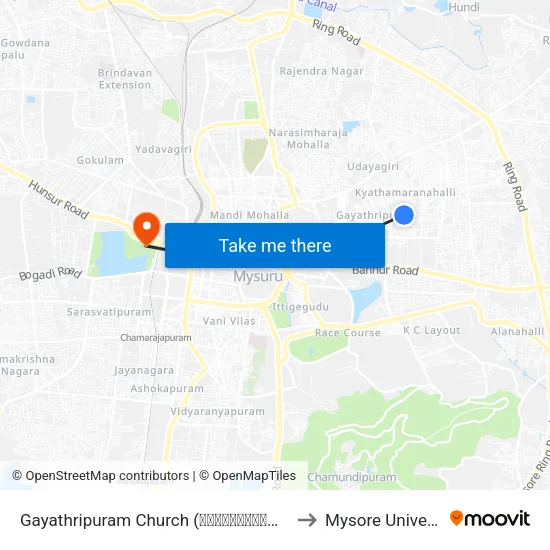 Gayathripuram Church (ಗಾಯತ್ರಿಪುರಂ ಚರ್ಚ್) to Mysore University map
