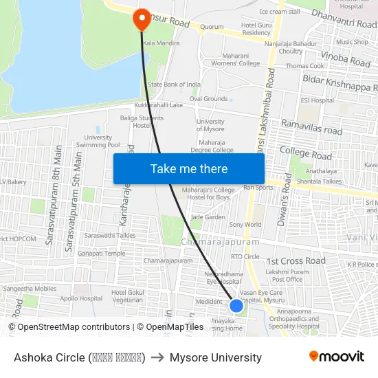 Ashoka Circle (ಅಶೋಕ ವೃತ್ತ) to Mysore University map