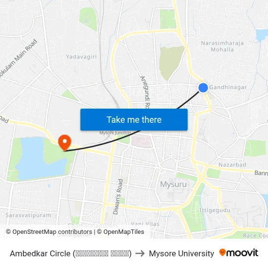 Ambedkar Circle (ಅಂಬೇಡ್ಕರ್ ವೃತ್ತ) to Mysore University map