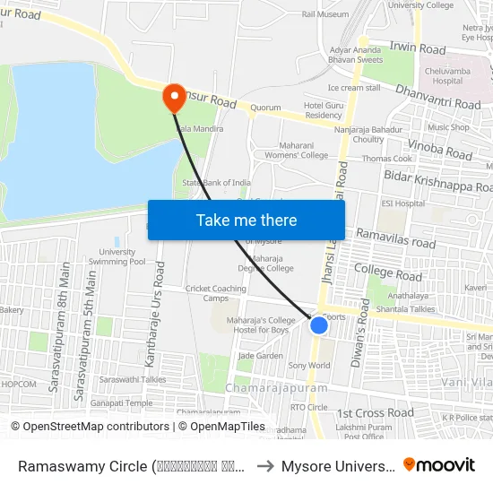 Ramaswamy Circle (ರಾಮಸ್ವಾಮಿ ವೃತ್ತ) to Mysore University map