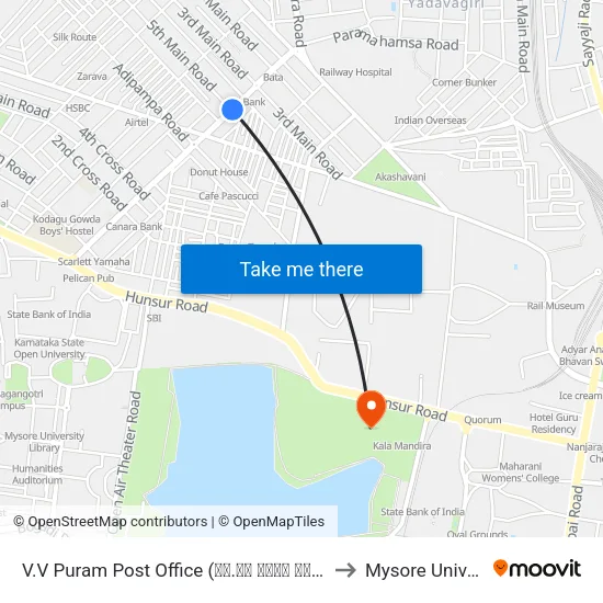 V.V Puram Post Office (ವಿ.ವಿ ಪುರಂ ಪೋಸ್ಟ್‌ ಆಫೀಸ್) to Mysore University map