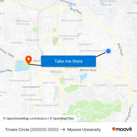 Triveni Circle (ತ್ರಿವೇಣಿ ವೃತ್ತ) to Mysore University map