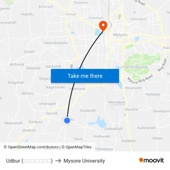 Udbur (ಉದ್ಬೂರು) to Mysore University map