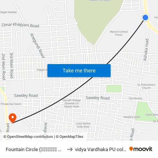 Fountain Circle (ಫೌಂಟೈನ್ ವೃತ್ತ) to vidya Vardhaka PU college map