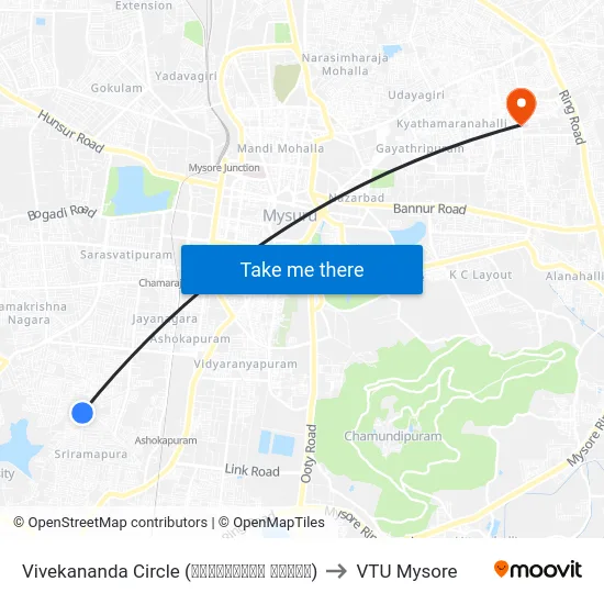 Vivekananda Circle (ವಿವೇಕಾನಂದ ವೃತ್ತ) to VTU Mysore map