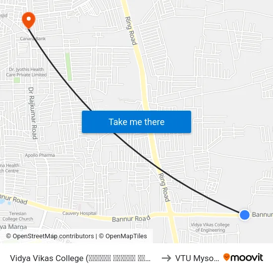 Vidya Vikas College (ವಿದ್ಯಾ ವಿಕಾಸ್‌ ಕಾಲೇಜು) to VTU Mysore map