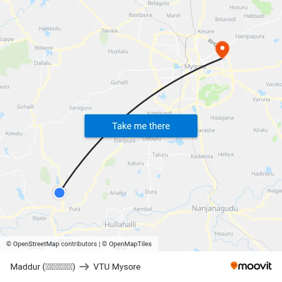 Maddur (ಮದ್ದೂರು) to VTU Mysore map