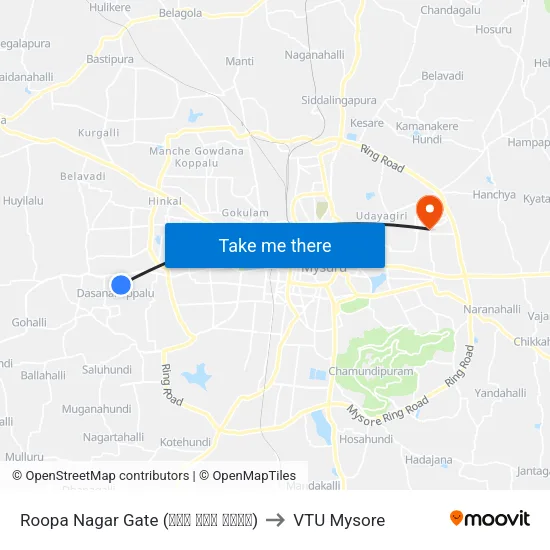 Roopa Nagar Gate (ರೂಪ ನಗರ ಗೇಟ್) to VTU Mysore map