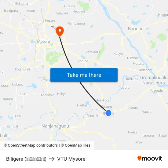 Biligere (ಬಿಳಿಗೆರೆ) to VTU Mysore map