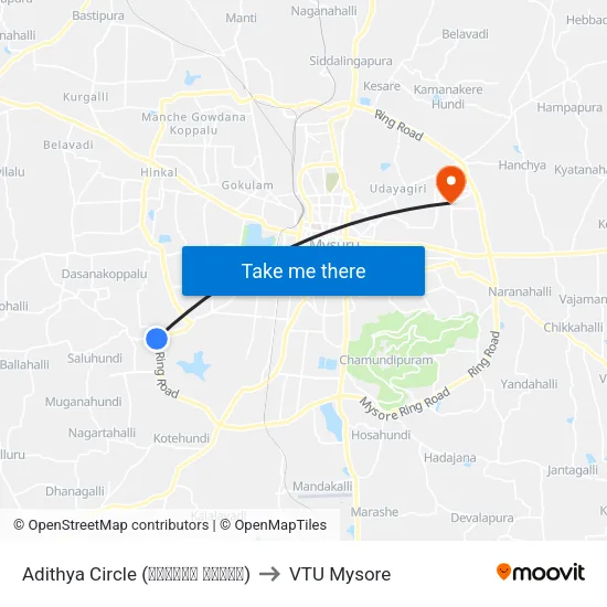 Adithya Circle (ಆದಿತ್ಯ ವೃತ್ತ) to VTU Mysore map