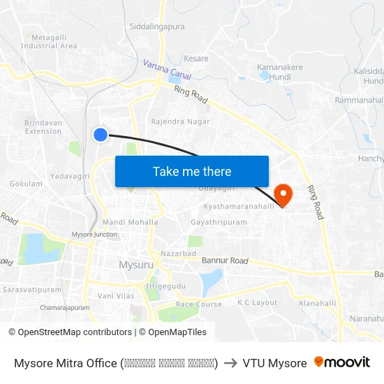 Mysore Mitra Office (ಮೈಸೂರು ಮಿತ್ರ ಕಛೇರಿ) to VTU Mysore map