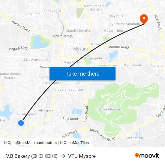 V.B Bakery (ವಿ.ಬಿ ಬೇಕರಿ) to VTU Mysore map