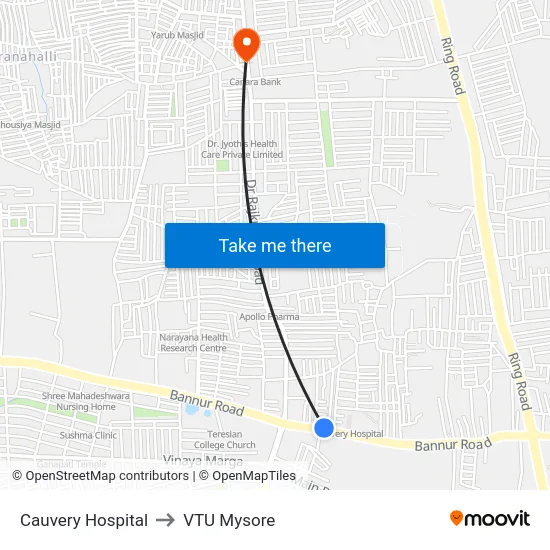 Cauvery Hospital to VTU Mysore map