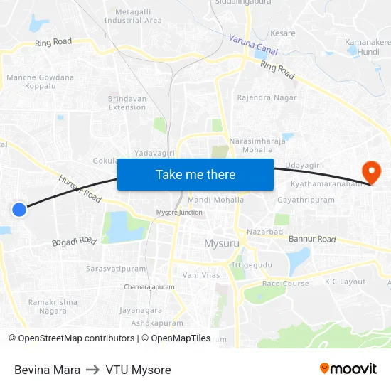 Bevina Mara to VTU Mysore map