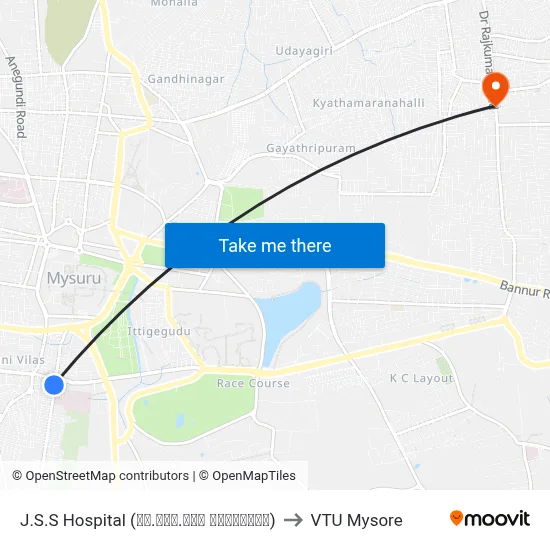 J.S.S Hospital (ಜೆ.ಎಸ್.ಎಸ್ ಆಸ್ಪತ್ರೆ) to VTU Mysore map