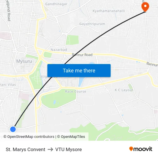 St. Marys Convent to VTU Mysore map