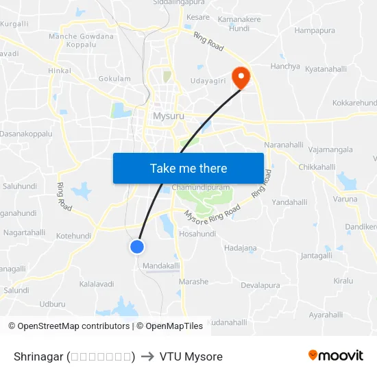 Shrinagar (ಶ್ರೀನಗರ) to VTU Mysore map