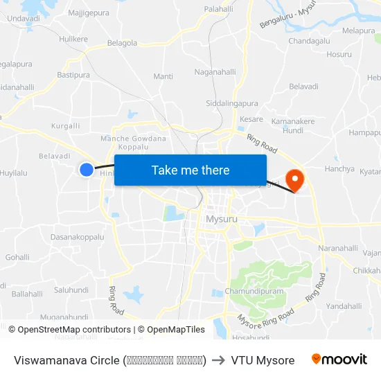 Viswamanava Circle (ವಿಶ್ವಮಾನವ ವೃತ್ತ) to VTU Mysore map