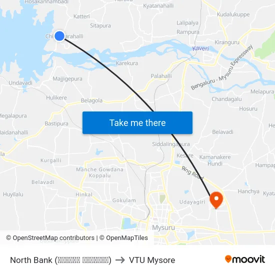 North Bank (ನಾರ್ತ್‌ ಬ್ಯಾಂಕ್) to VTU Mysore map