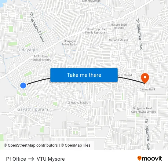 Pf Office to VTU Mysore map