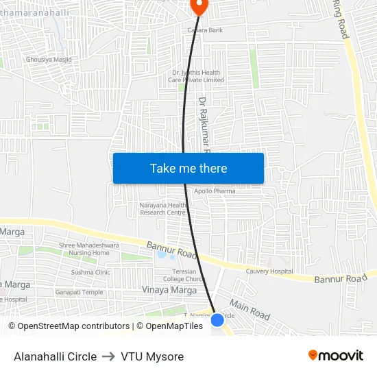 Alanahalli Circle to VTU Mysore map