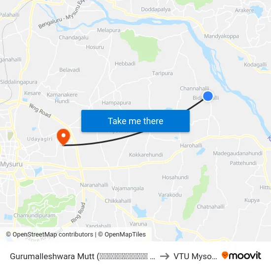 Gurumalleshwara Mutt (ಗುರುಮಲ್ಲೇಶ್ವರ ಮಠ) to VTU Mysore map