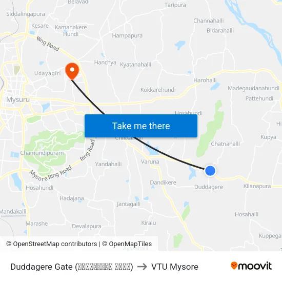 Duddagere Gate (ದುಡ್ಡಗೆರೆ ಗೇಟ್) to VTU Mysore map