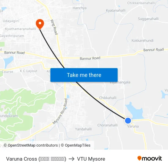 Varuna Cross (ವರುಣ ಕ್ರಾಸ್) to VTU Mysore map