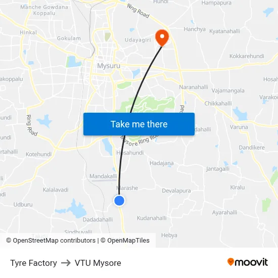 Tyre Factory to VTU Mysore map
