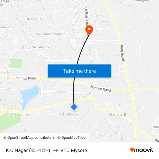 K.C Nagar (ಕೆ.ಸಿ ನಗರ) to VTU Mysore map