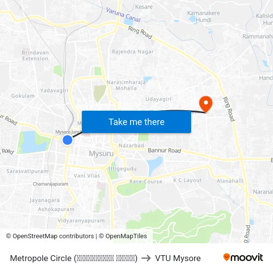 Metropole Circle (ಮೆಟ್ರೋಪೋಲ್ ವೃತ್ತ) to VTU Mysore map