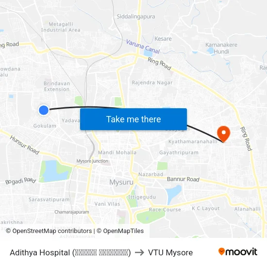 Adithya Hospital (ಆದಿತ್ಯ ಆಸ್ಪತ್ರೆ) to VTU Mysore map
