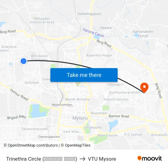 Trinethra Circle (ತ್ರನೇತ್ರ ವೃತ್ತ) to VTU Mysore map