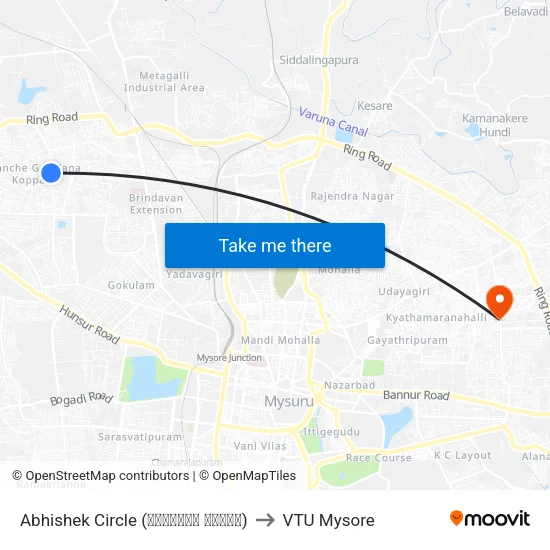 Abhishek Circle (ಅಭಿಶೇಕ್ ವೃತ್ತ) to VTU Mysore map