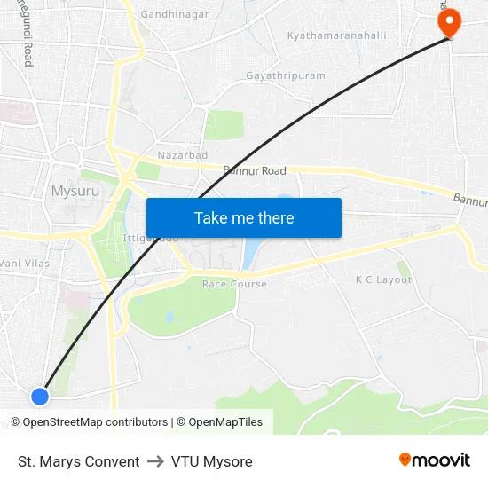 St. Marys Convent to VTU Mysore map