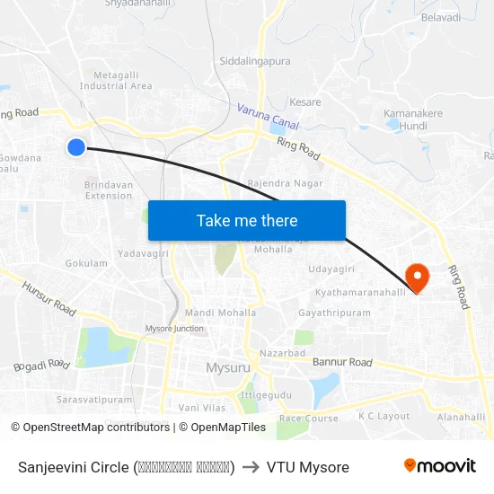 Sanjeevini Circle (ಸಂಜೀವಿನಿ ವೃತ್ತ) to VTU Mysore map