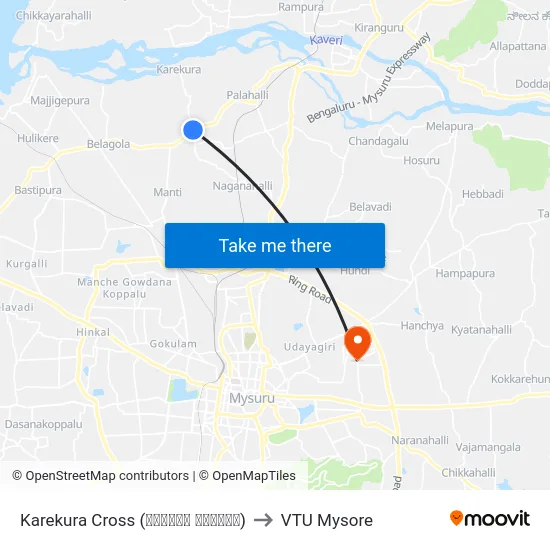 Karekura Cross (ಕರೇಕೂರ ಕ್ರಾಸ್) to VTU Mysore map